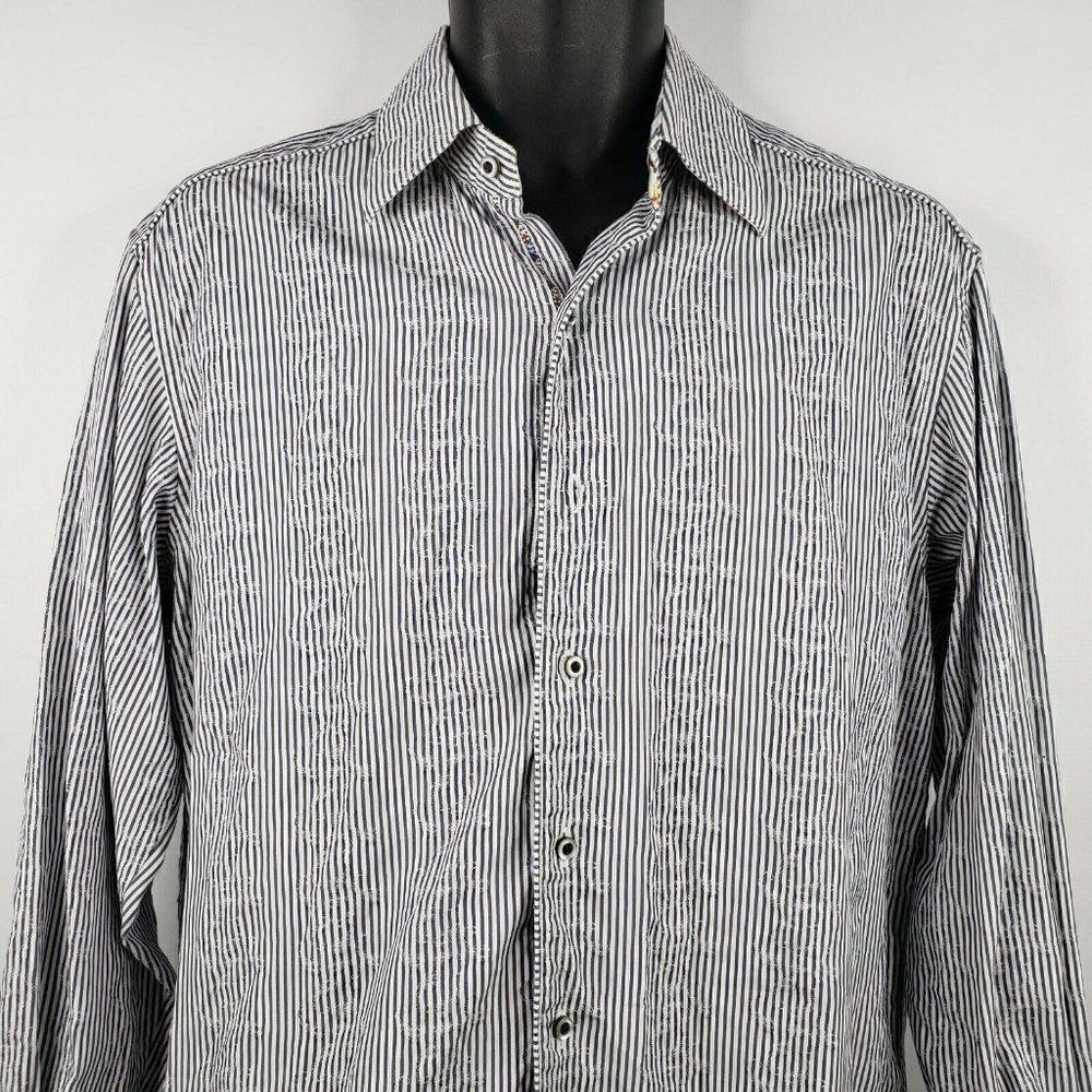 Robert Graham Mens Blue White Striped Embroidered Flip Cuff Shirt Size Medium